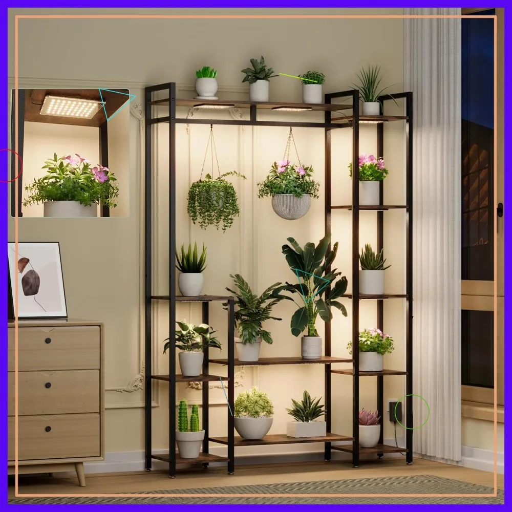 11-Tier Wood Plant Stand with Grow Lights, 62