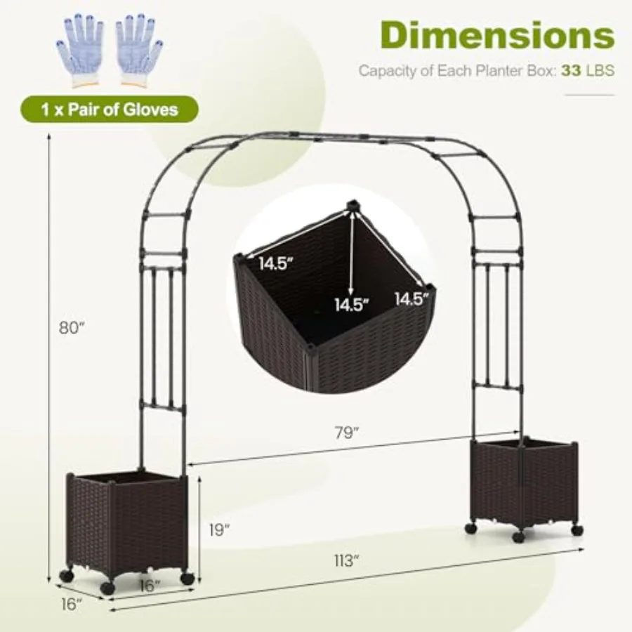 Outdoor garden arch trellis for climbing plants, PE-coated metal, black, 80H with 2 self-watering planter boxes and lockable wh