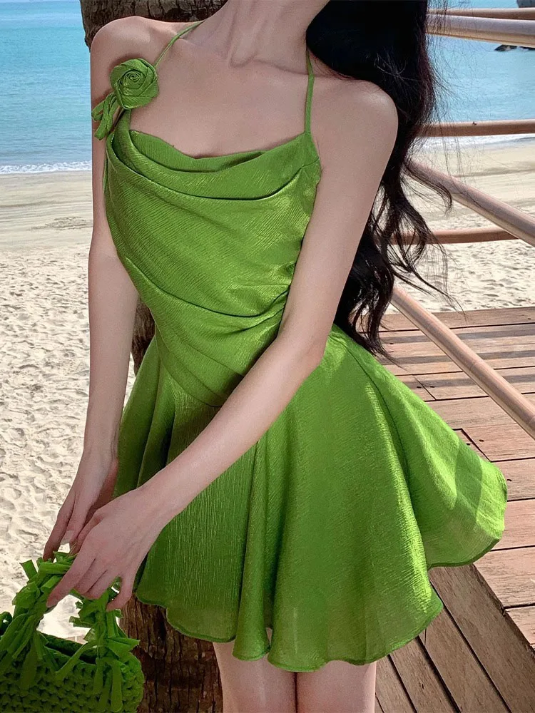 Women Green Spaghetti Strap Dress Sleeveless Fashion Beach Vacation Sundress Backless Halter Dress Temperament Y2K Streetwear