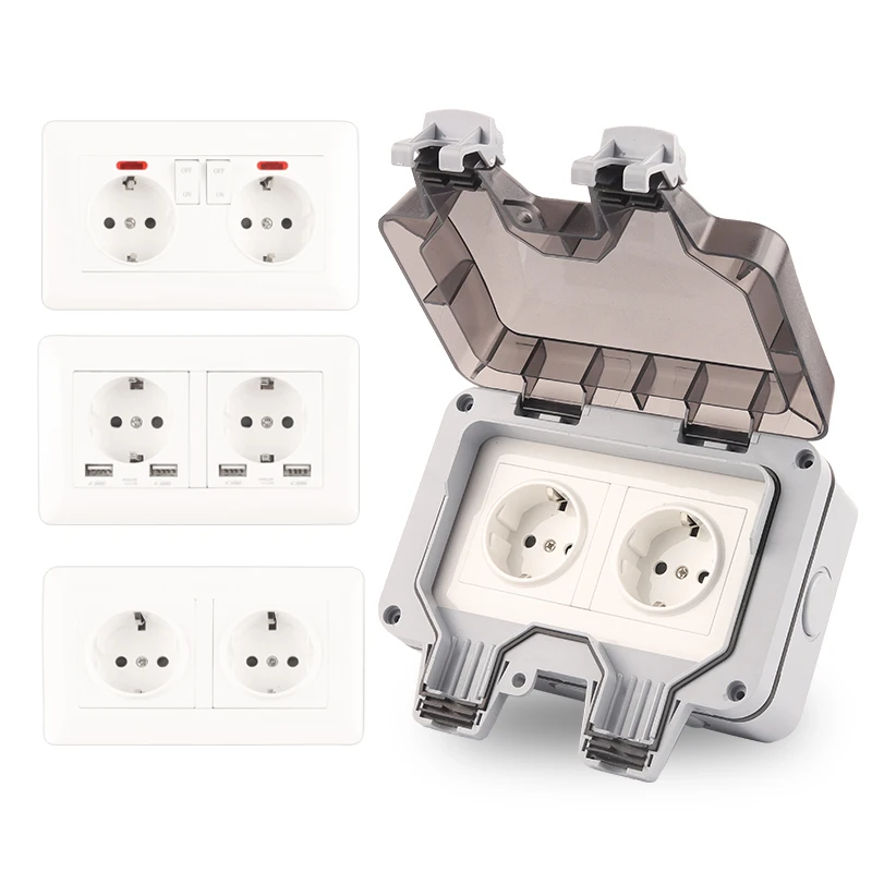 

IP66 EU German Standard Dual Power Switch Socket With USB And Light Outdoor Waterproof Wall Switch Socket For Yard Workshop