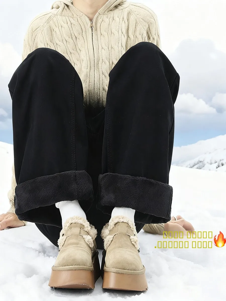

Men's Winter Thiened Fce Lined Straight Leg Casual Pants Warm Outdoor Outdoor Leisure Wide Leg Long Trousers Autumn