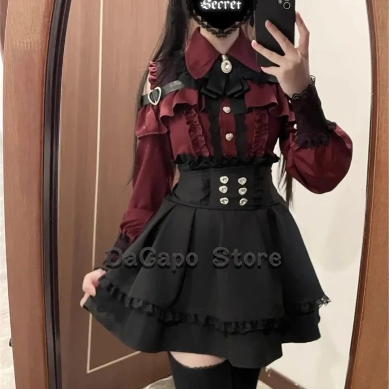 Jirai kei Outfit Lolita Girls Blouse Top Women Kawii Bow Black Skirts Shirts Long Sleeve Shirt Y2K Sweet Japanese Lady Style Set