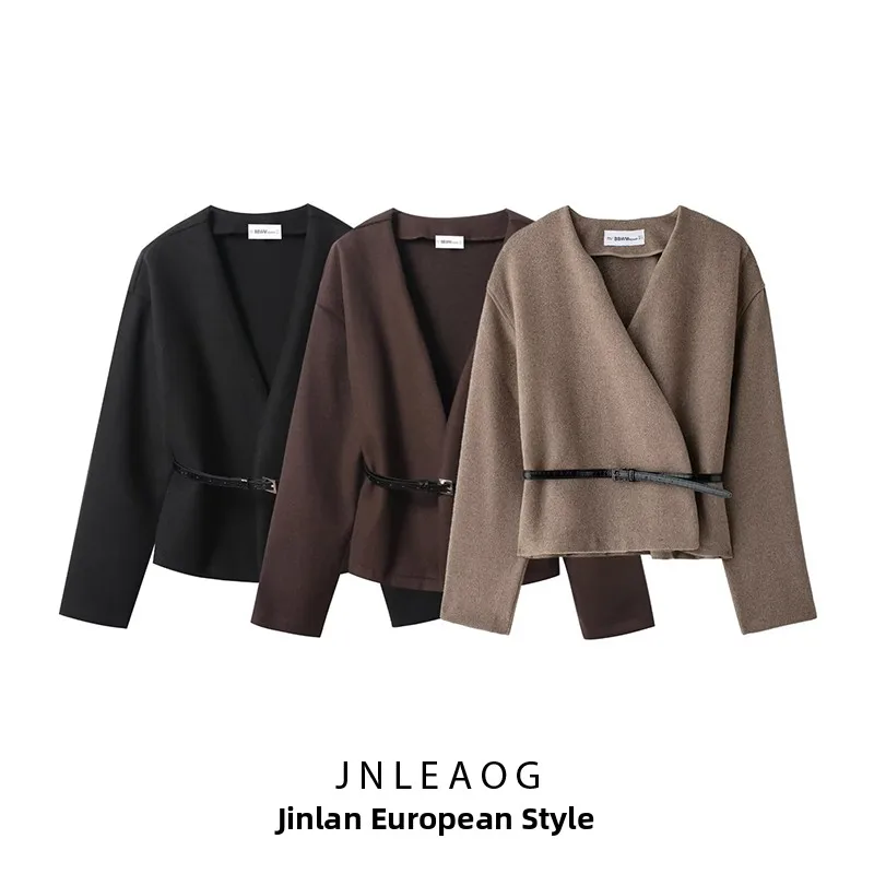 

Faionable Soft Outerwear with Belt Autumn New Arrival Women's Clothing JNLEAOG V-Ne Long Sve Polyester PU Ladies Jaet
