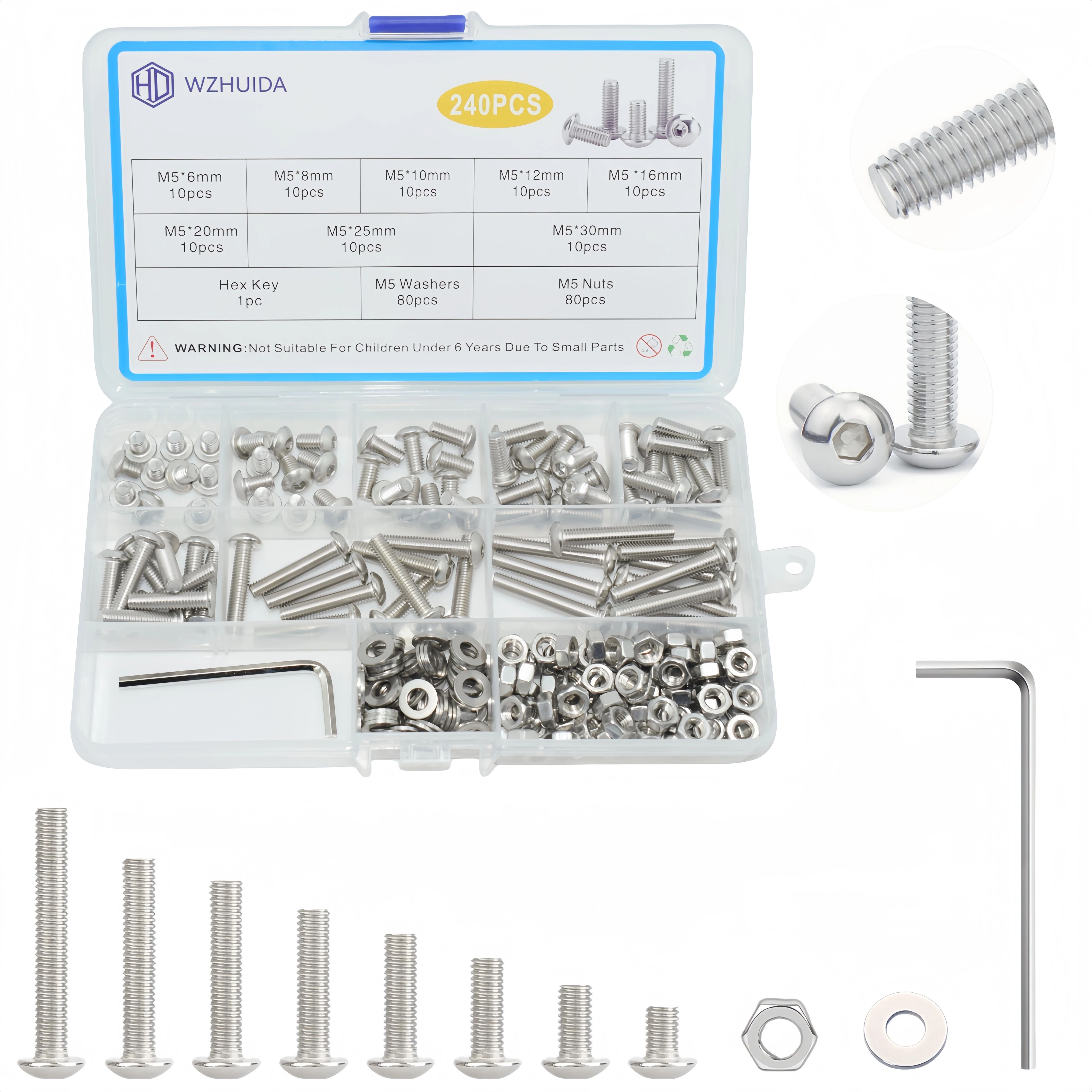 WZHUIDA 240pcs M5 304 Stainless Steel Hex Hexagon Socket Allen Button Head Screw Bolt Nut Assortment Kit ISO7380