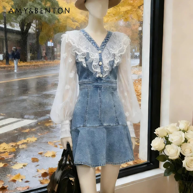 

French Design Ruffled Lace Splicing Denim Women's Dress 2026 Spring Summer New V-neck Temperament A-line Short Dresses Ladies