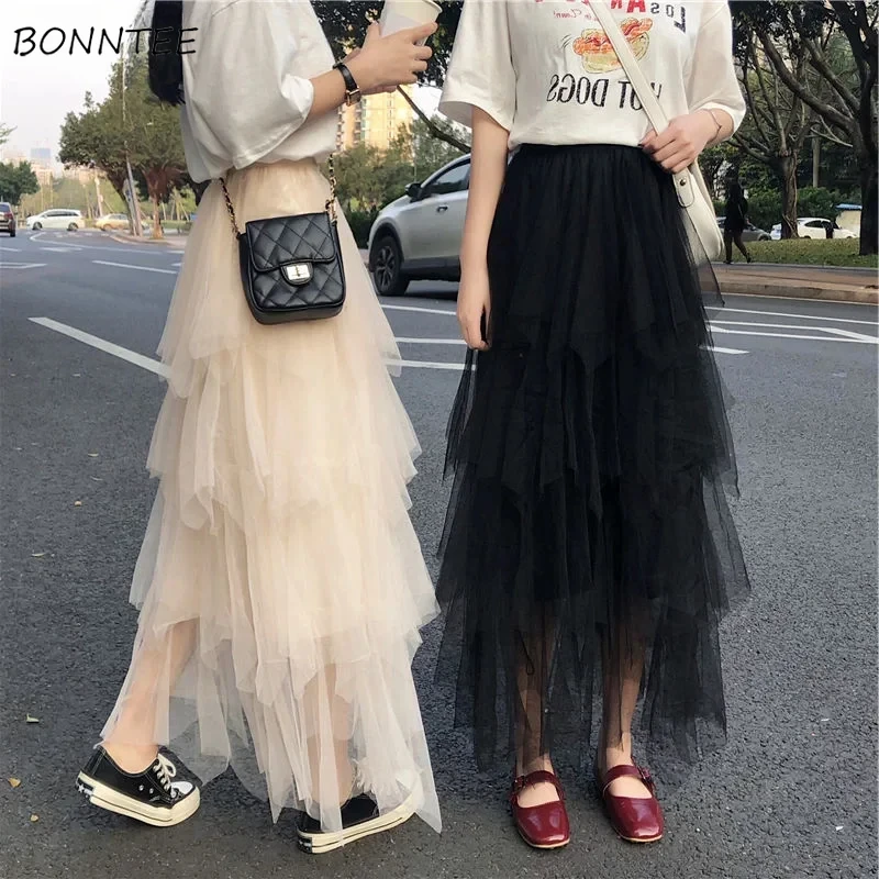 

Skirts Women Mesh Ball Gown Sweet Princess Solid Various Colors Vintage Female Elegant Streetwear Party Ankle Length Popular Ins