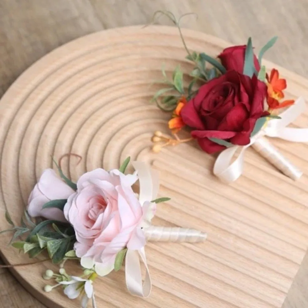 Artifical Boutonnieres Flowers Silk Rose Wrist Corsage Bride Bridesmaid Handmade Groom's Chest Flower Wedding Accessories