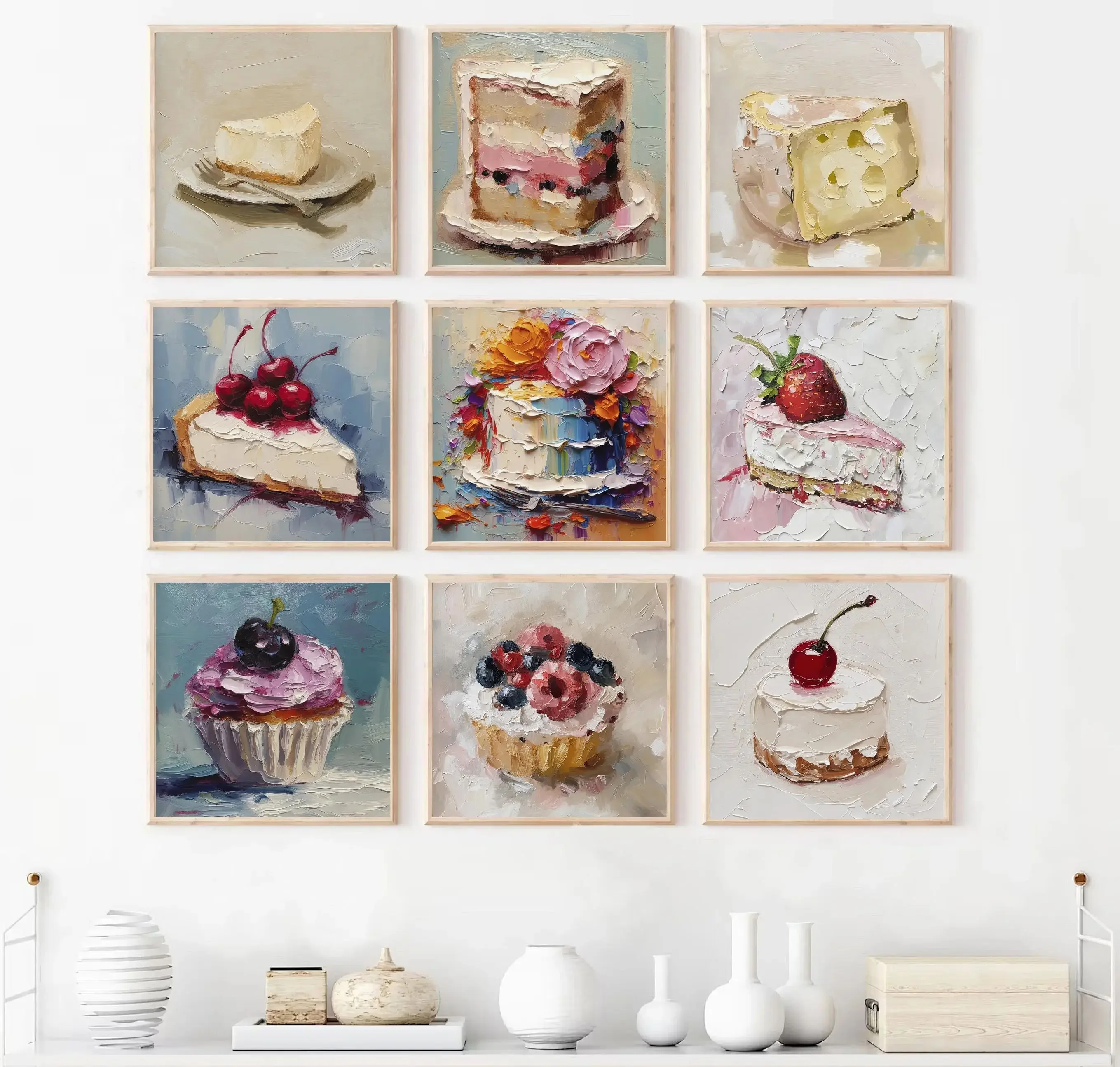 Retro Simple Oil Painting Gourmet Dessert Fruit Cake Cupcake Poster Canvas Print Art Picture Home Room Cake Shop Wall Decor Gift