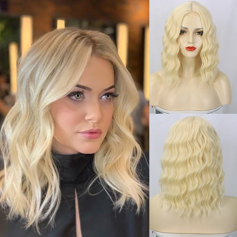 

Synthetic Wavy Bob Wigs for Women Short Natural Wave Middle Part Hair Wig 14 Inch Blonde Curly Wavy Wig For Cosplay Daily Use