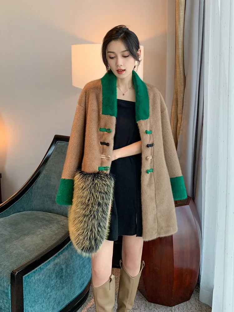 Mink Fur Jacketผู้หญิง2024ฤดูหนาวVคอกบแขนยาวSpliceกลางความยาวเสื้อWarm Fluffy Neoสไตล์จีนRetro