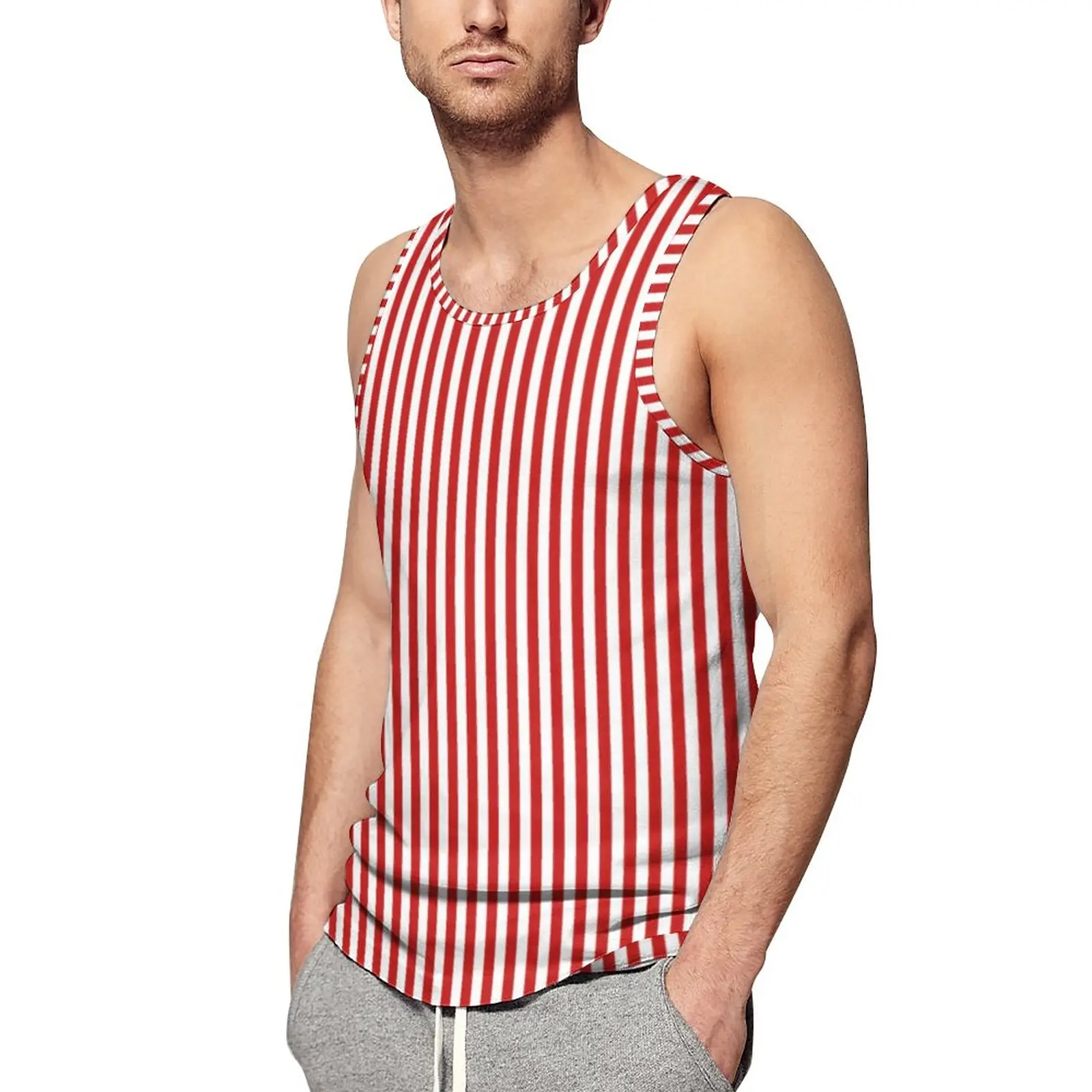 Vertical Red Striped Summer Tank Top White Lines Print Bodybuilding Tops Men Custom Cool Sleeveless Vests 3XL 4XL 5XL