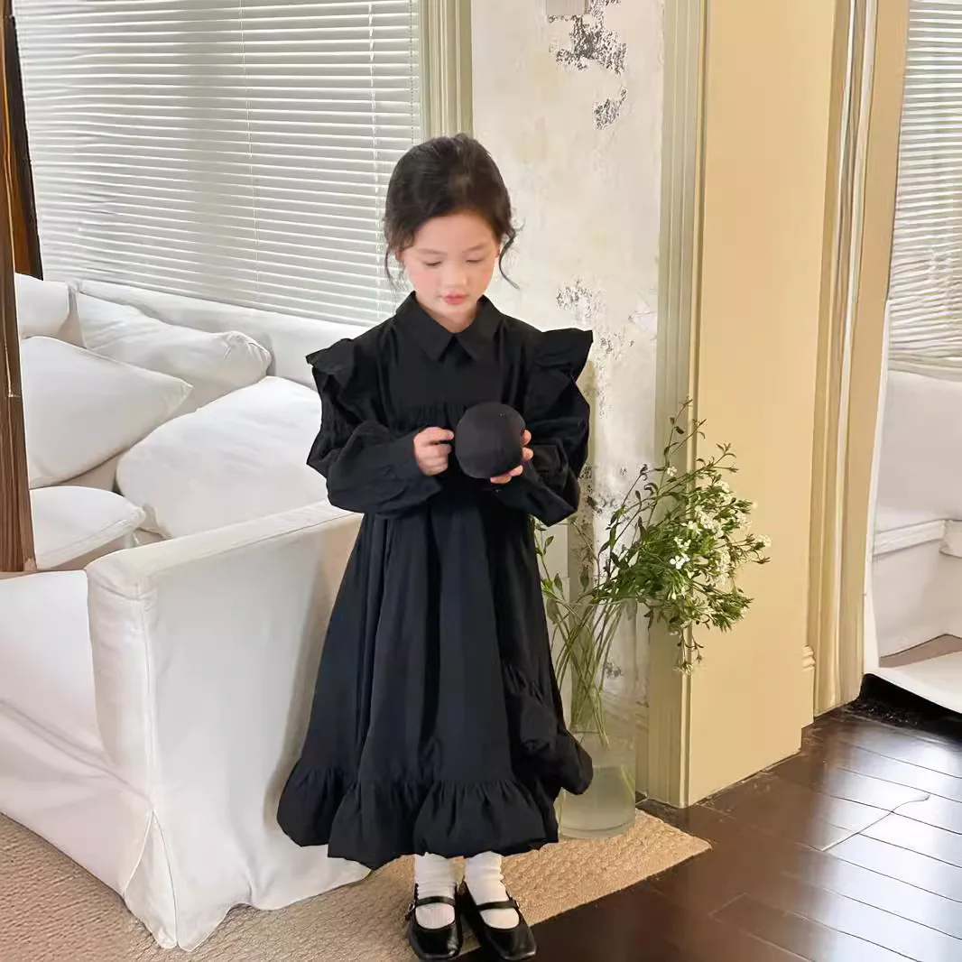 Girls Casual Dresses Children Autumn New Design Sense Easy Dress Girl Black Fashion Senior Long 2024 Simple Black