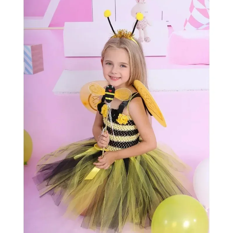 Bumble Bee Tutu Dress for Baby Girls Birthday Outfit Halloween Costume for Kids Honeybee Cosplay Dresses with Wing Headband Set