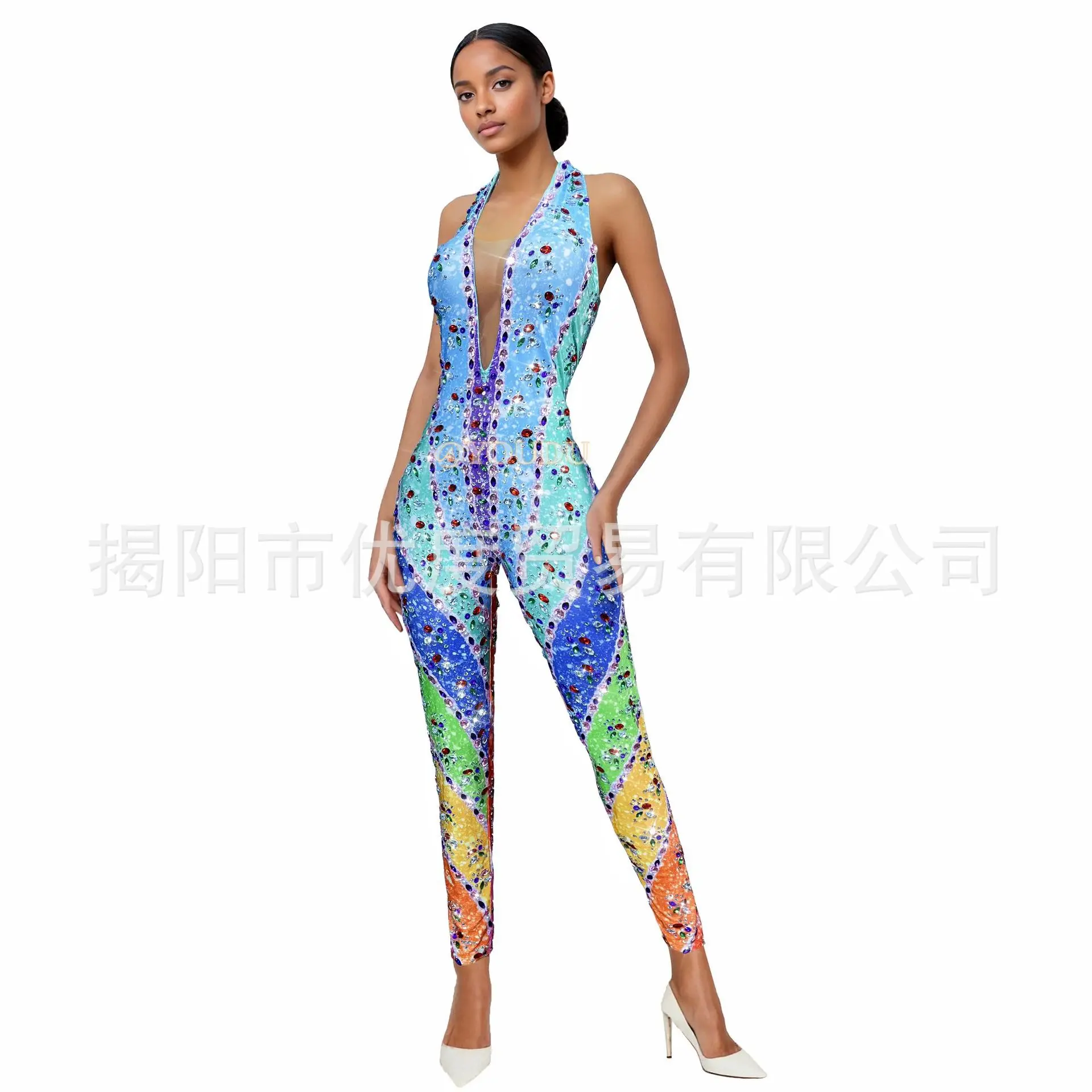 Glam Stage Colored Rhinestones Glam Jumpsuit Performance Dress Birthday Dance Dress Colored Pants Maxi Dresses For Wedding Guest