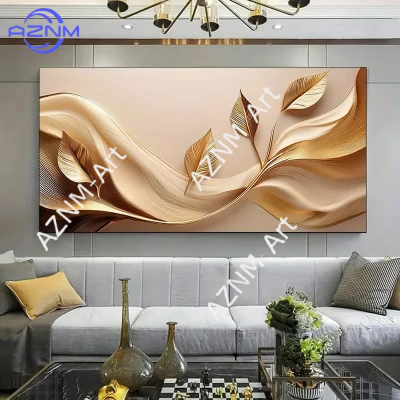 1PC ，Golden Leaves Canvas Art - Wall Decor for Living Room & Bedroom, Beige & Golden Elegant Design, Room Decor