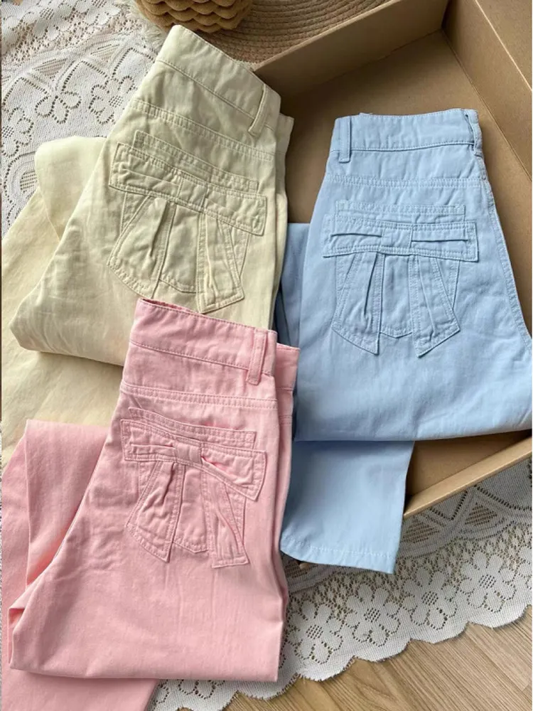 

Summer Dopamine Style Girls Jeans Bow Patchwork Casual Versatile Wide Leg Straight Denim Pants High Waist Loose Trousers