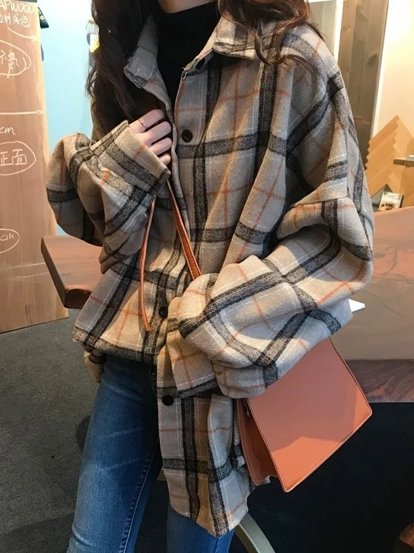 2024 autumn trend loose port Wool Plaid coat frosted shirt women\'s design top Long sleeved Leisure Versatile Lapel collar BUYA