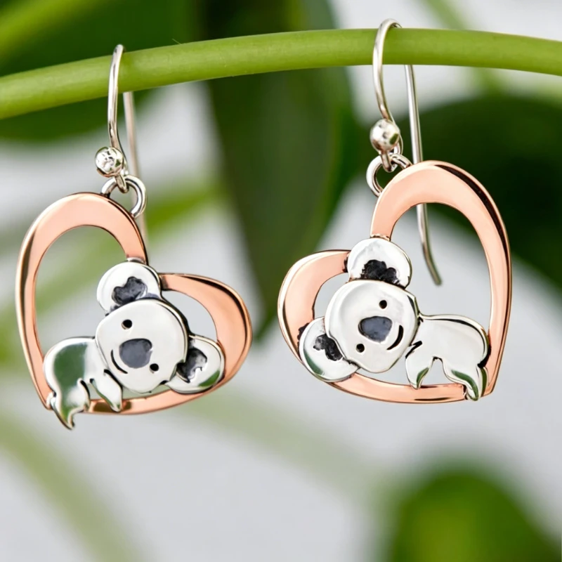Lovely Handmade Koala Hollow Heart Pendant Earrings for Women Fashion Chic Two Tones Design Banquet Festival Jewelry Accessories