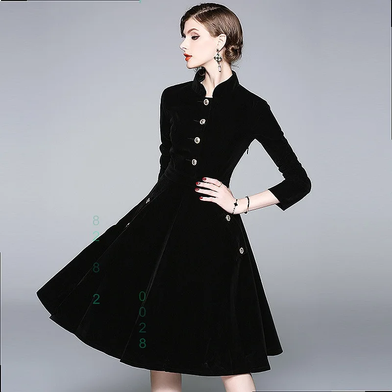 Black Style Stand Collar Velvet Dress Dresses for Women Spring Summer Elegant Long Coat Jacket - view 4