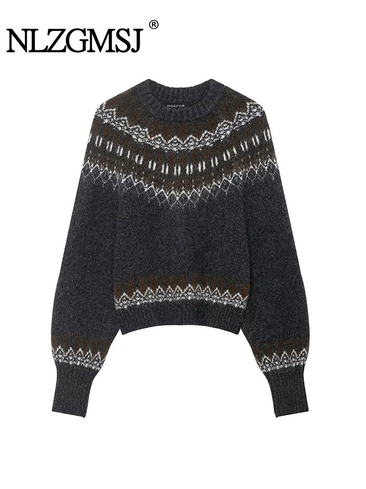 

NLZGMSJ Women's Knitted Pullover Women Fashion Long Sleeve Vintage Jacquard Short Sweater Casual Loose Knitwear Tops ﻿﻿Y2K
