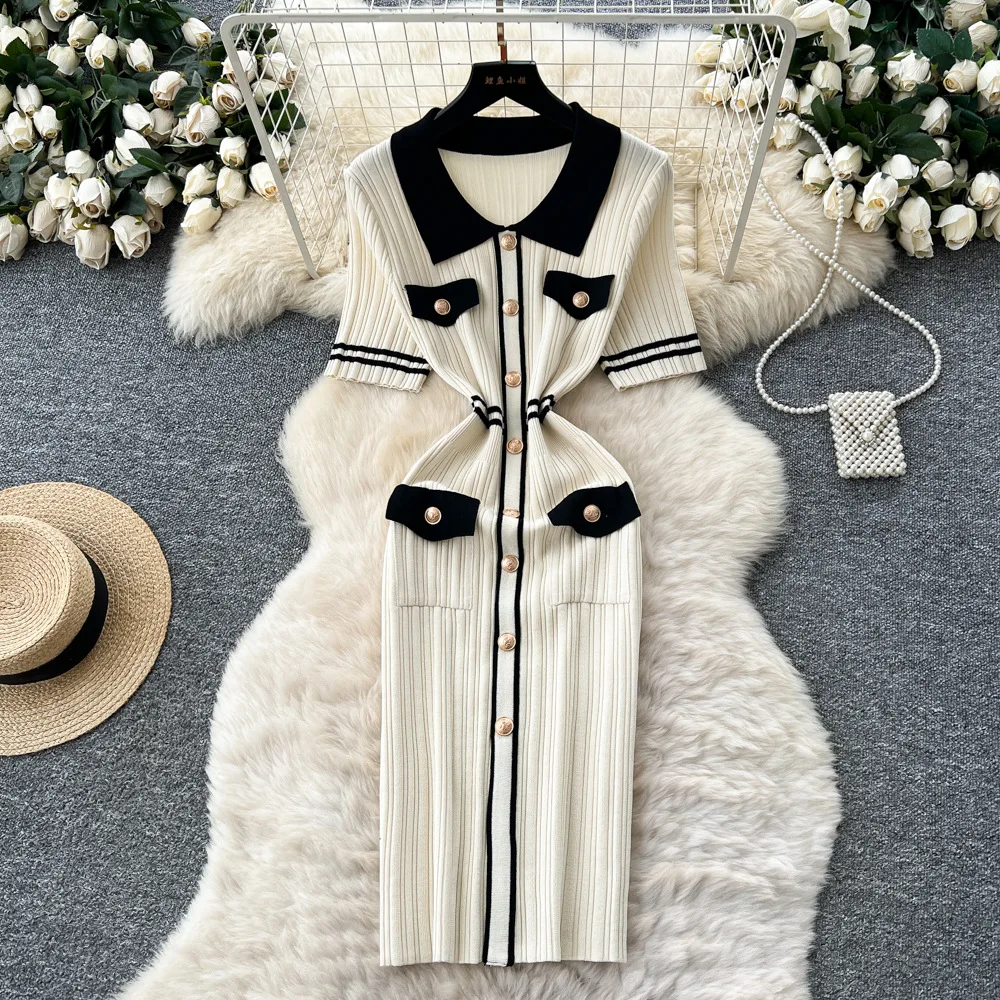 

Women Spliced Knitted Dresses Color Blocked Dress H Line Ankle Lenth Short Sleeve Waist Cinch Slim Elegant 2025 Spring Autumn