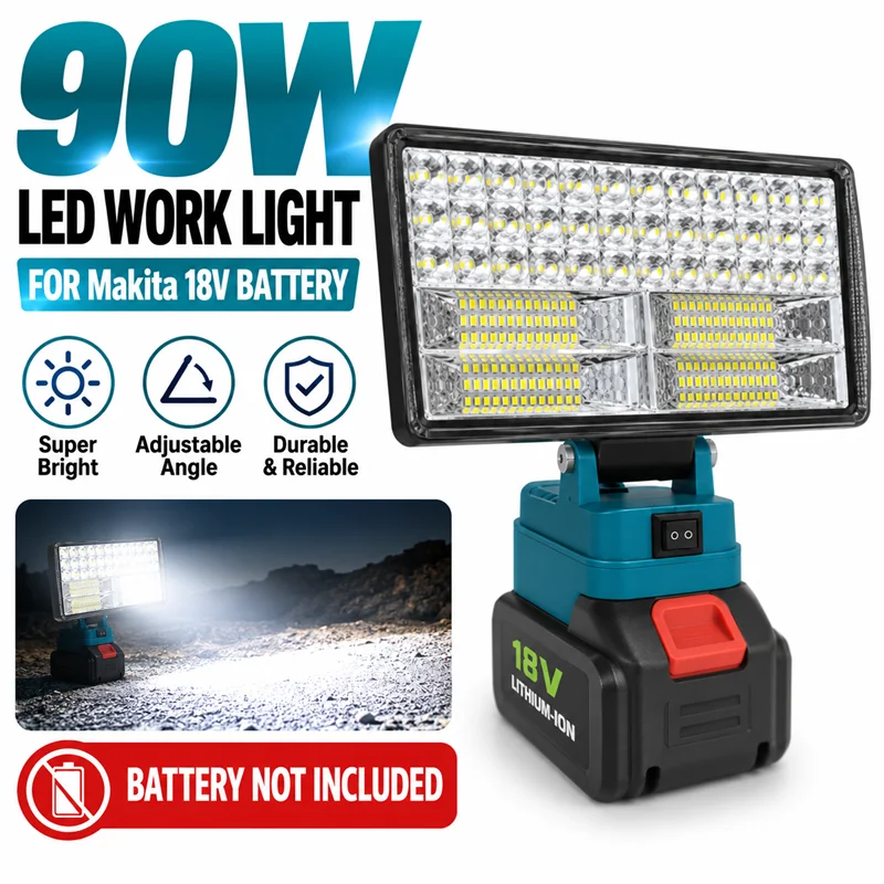 90W LED Work Light for Makita 18V Battery Cordless Portable Work Lamp Adjustable Flood Light for Workshop Garage Jobsite Outdoor