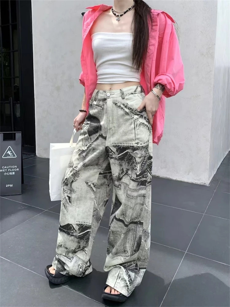 Women\'s Personalized Fashion Print Casual Thin Pants Cool Girl Street Bottoms Female High Waist Straight Wide-leg Trousers