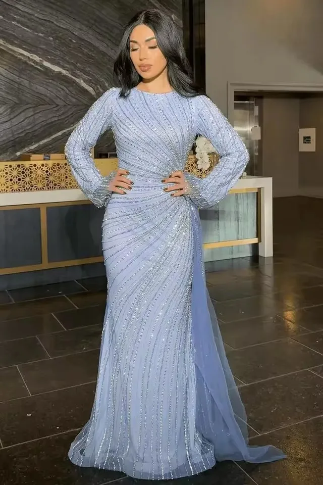 

Роскошные вечерние платья с длинными рукавами по индивидуальному заказу, мусульманское вечернее платье русалки из бисера, платья для выпускного вечера в Дубае