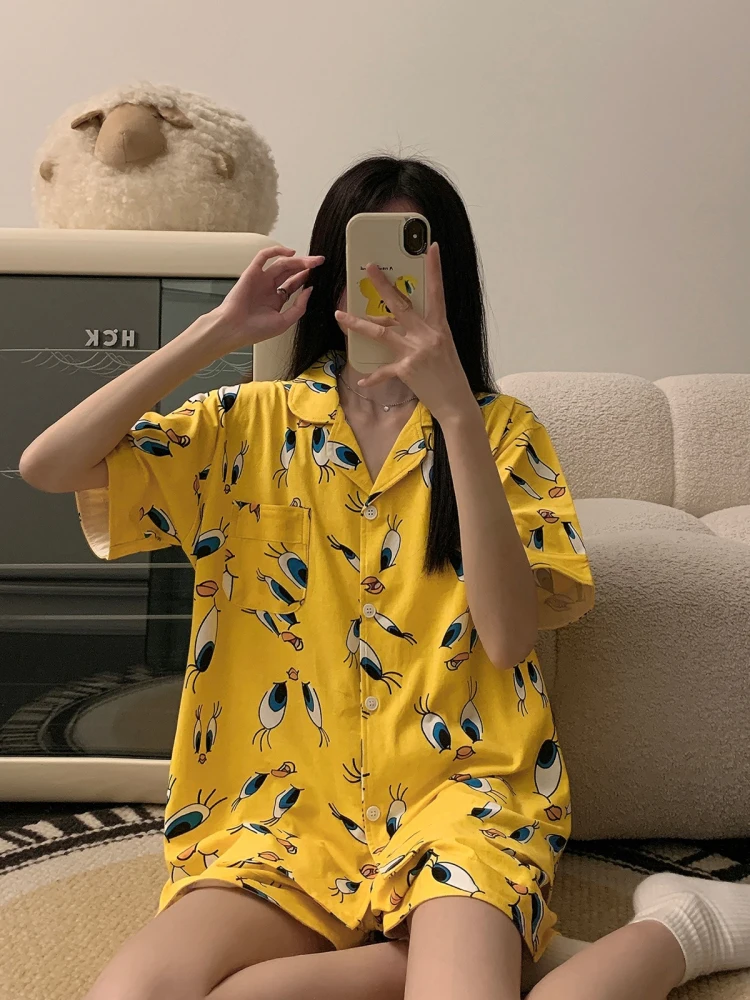 

2025 New Cartoon Yellow Du Summer Pajamas Set Pure Cotton ort Sve Men's Home Clothes Couple's Two-Piece Suit
