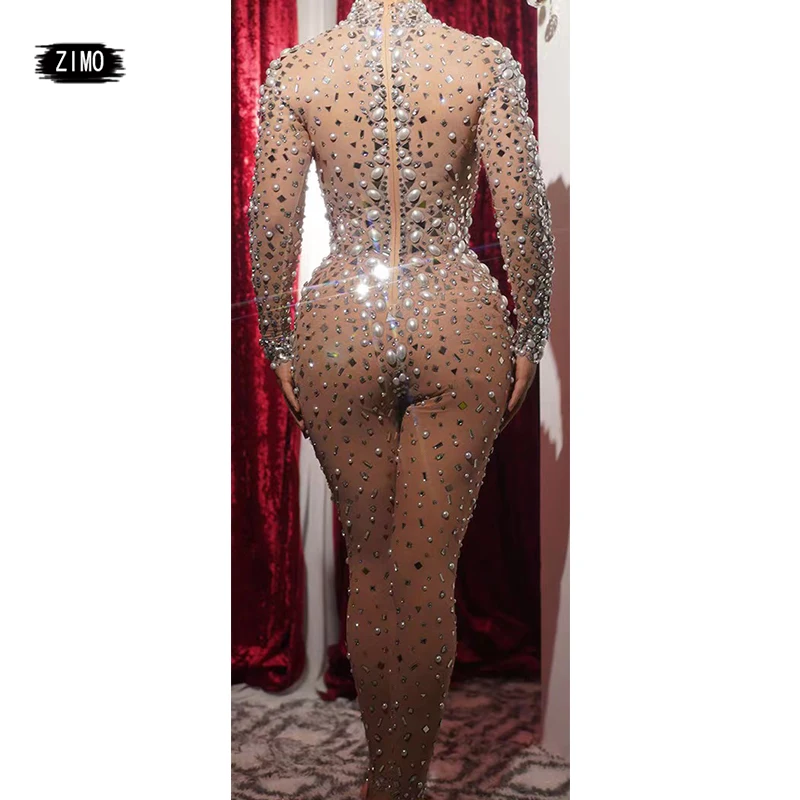 Mono Sexy de malla con diamantes para mujer, traje de actuación, Body ajustado para fiesta y Club, ropa transparente para escenario de baile con diamantes de imitación y perlas