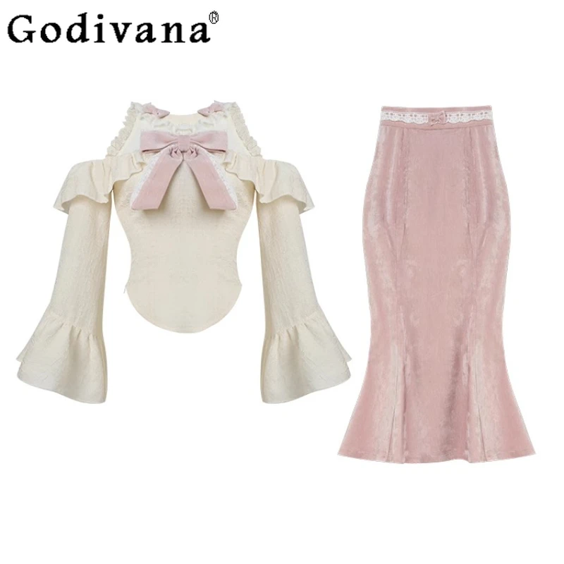 

Женский комплект милой юбки, бархатный сладкий абрикосовый топ с открытыми плечами и рюшами, розовая облегающая длинная юбка, женские костюмы в стиле Лолиты
