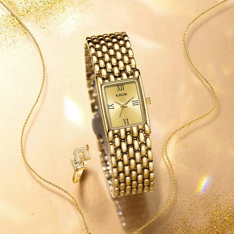 ساعة كوارتز عصرية للسيدات من LIGE بحزام من الفولاذ المقاوم للصدأ ساعات نسائية مقاومة للماء مربعة للأعمال ساعة كاجوال للسيدات