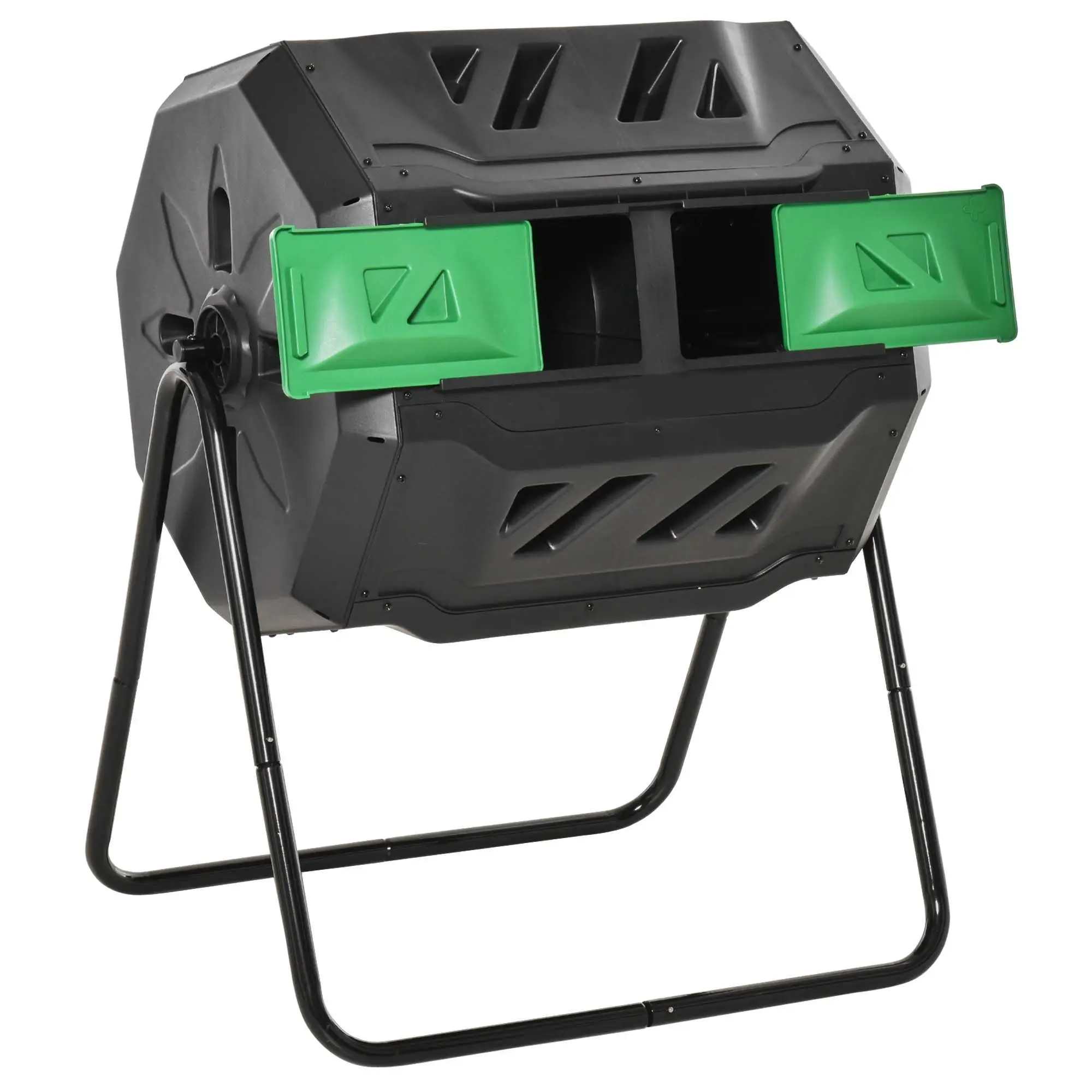 360 ° Contenedor de compostaje giratorio de 160L, 2 cámaras, PP, acero, ventilación, puertas correderas, para residuos de jardín