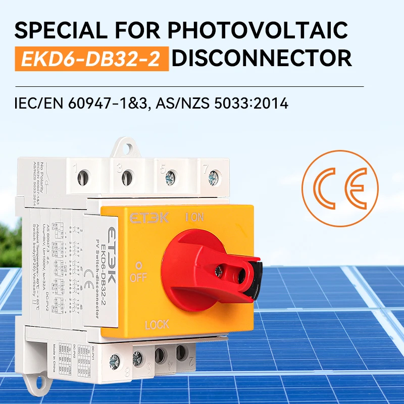 ETEK DC Solar Isolator Switch PV 1000V 32A 2P Din Rail Mounting Rotating Handle CE Disconnector For Solar Certified EKD6-DB32