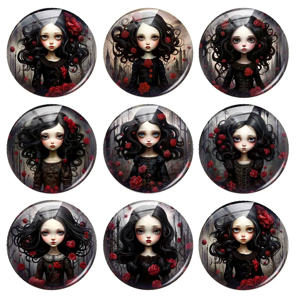 Handmade Gothic Rose Flower Girl Dark Style Photo Glass Cabochon Charms Demo Flat Back Cameo For Diy Jewelry Making Finding