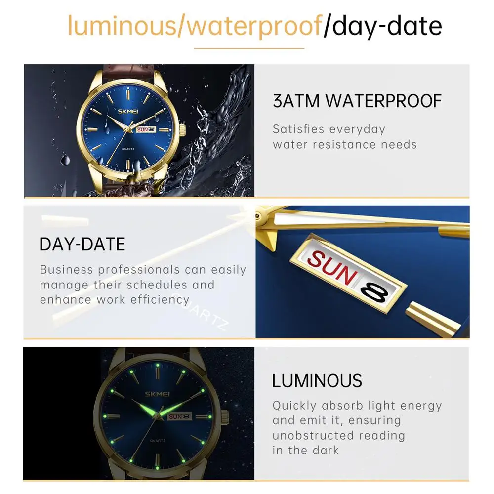 SKMEI مقاوم للماء ساعة كوارتز فاخرة للرجال والنساء الأعمال تاريخ الأسبوع ساعة اليد تصميم الأزياء ساعة الوقت Reloj Hombre