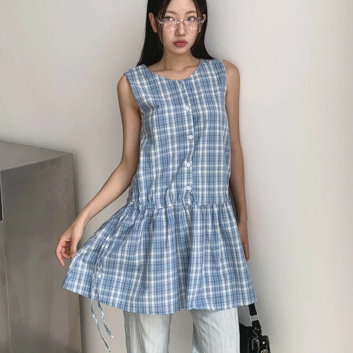 Gilet d'été Dr femme ample Agel rétro Plaid Dstring Svel jupe trapèze confortable respirant décontracté Dr