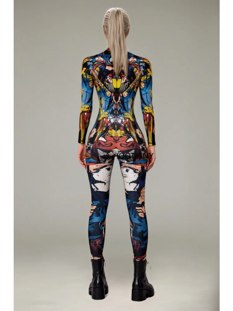 Bunter Kunst-Graffiti-Skelett-Schädel-Bodysuit Halloween Enger Roboter-Cosplay-Jumpsuit Rave-Festival-Club-Wear Catsuit-Kostüm – Detail 15