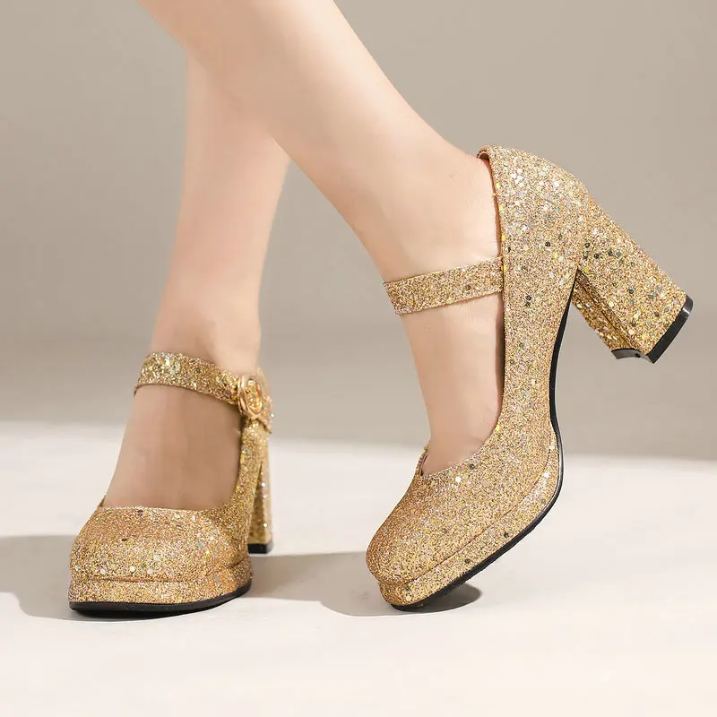 

Small Size 33 Glitter Bling Dance Party Shoes Womens Gold Silver Platform Square Chunky High Heels Mary Janes Stiletto Pumps