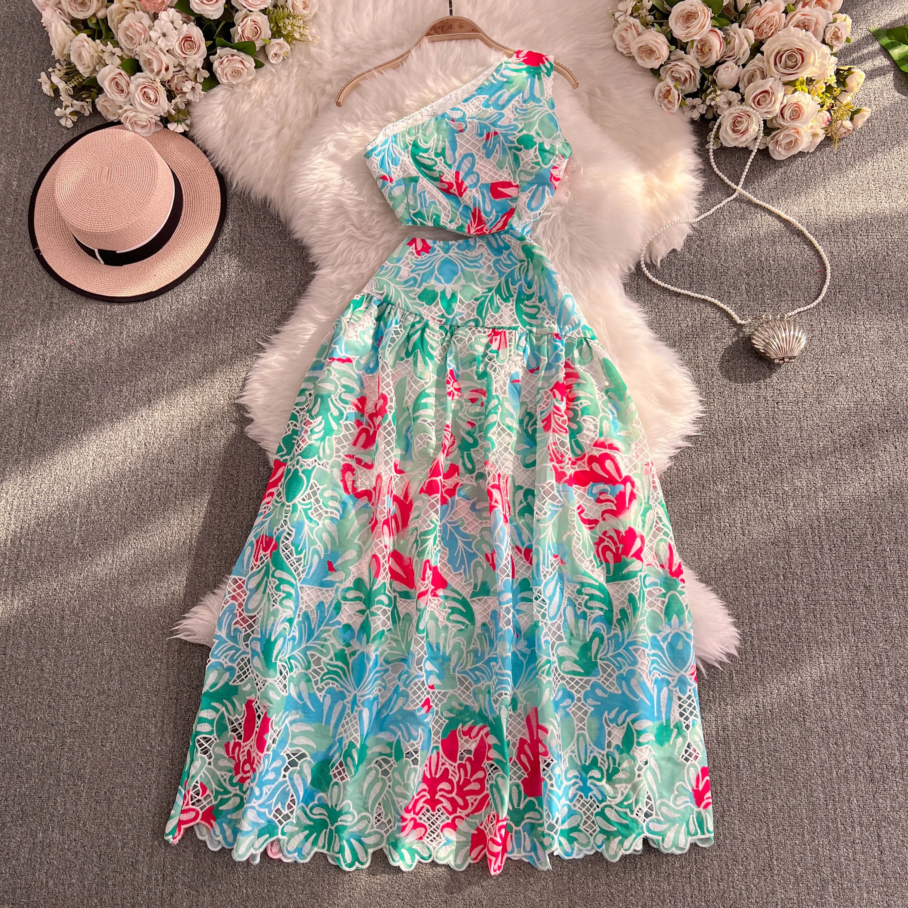 

Summer Long Luxury Dress for Women Embroidery Hole One Shoulder Runway Ruched Elegant Hook Flowers Female Traf Hole New In 2024