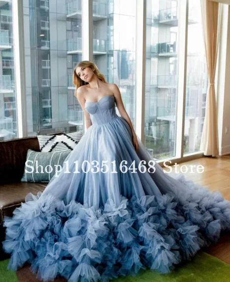 

Jessica Blue Prom Dress Off the Shoulder Tulle Evening Dress Sweet Trailing Princess Corset Birthday Party Dress Customised
