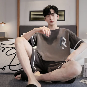 メンズ韓国ファッションコットンパジャマセット、快適なナイトウェア、ホームウェア、若い男の子のラウンジウェア、夏、大きいサイズ、lから4xl