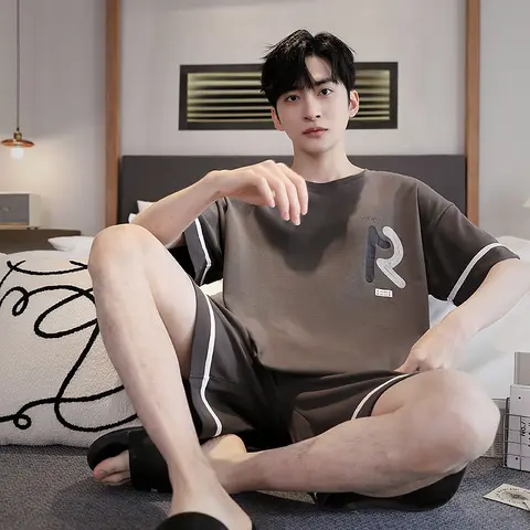 남성용 한국 패션 코튼 잠옷 세트, 편안한 잠옷, 빅 사이즈 L-4XL 홈웨어, 어린 소년 라운지웨어, 여름