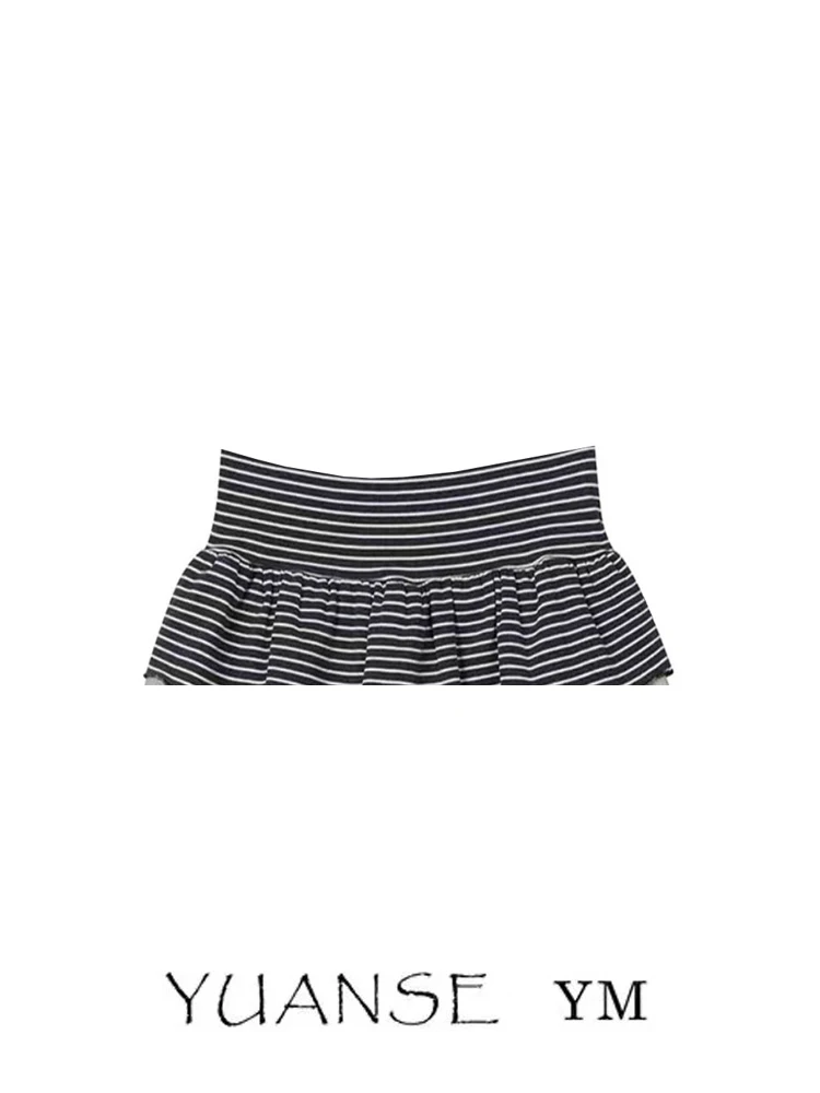 High Waist A-Line  Skirt Women's Summer Pleated Stripe Splice Cake Skirt Korean Sle Baking Sweet ort Skirt