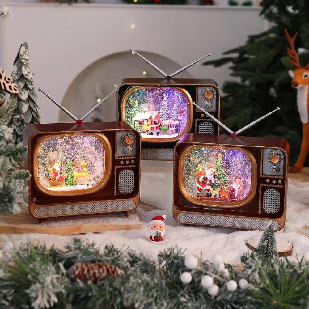 Christmas Retro TV Light Snowfall Music Box Santa Claus Gift Window Display Christmas Tree Decoration Adjustable Lighting