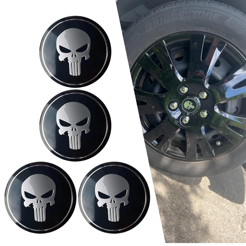 

4 PCS Car Wheel Center Hub Cap Cover Metal Scratch-Proof Anti-Fading Skull Pattern Center Caps for Rims