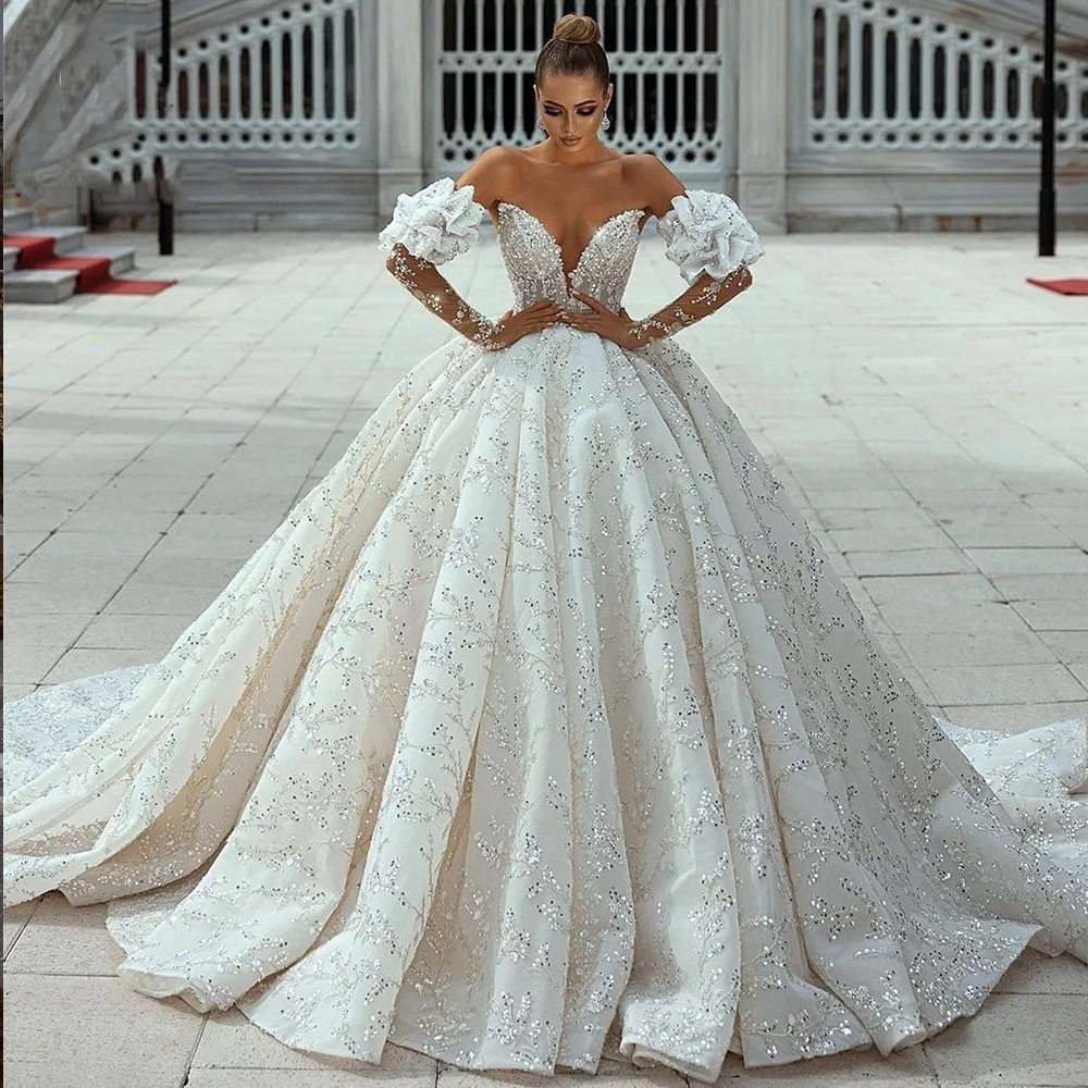 Delicate A-Line Wedding Dress For Women Sweetheart Neck Bridal Gown Sweep Train Long Removable Sleeves Split Skirt Custom Made