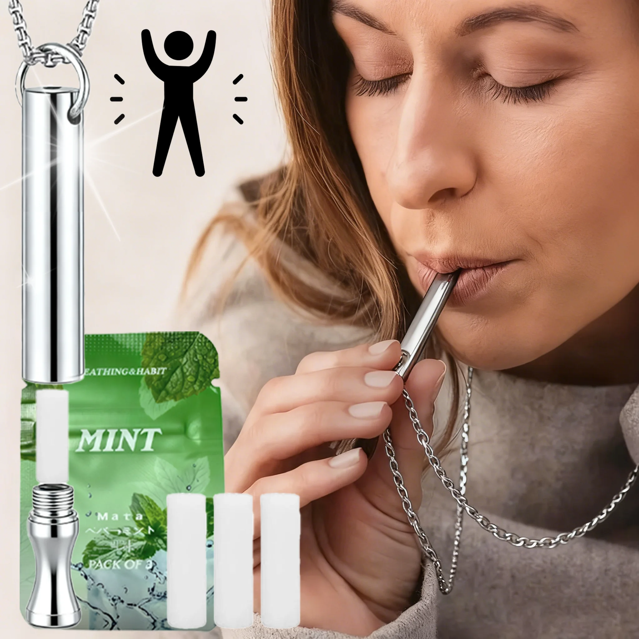 1Pc+3Pcs Mint Essential Oil Aromatherapy Diffuser Necklace, Stainless Steel Silver Necklace Pendant with 3 Replaceable Mint-Scen