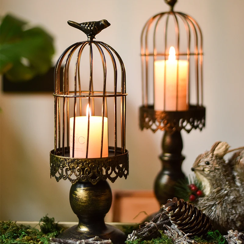 

Home Accessories Decoration Vintage Bird Cage Wrought Iron Candlestick Living Room Decoration Candlelight Dinner Candlestick