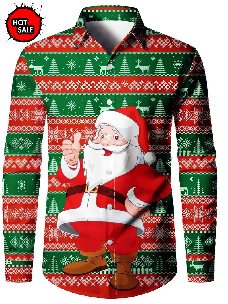 Christmas Decorations 2024 Clothing Men's Christmas Trees Printed Shirts Santa Claus Graphics Button Up Long Shirt Fashion Tops